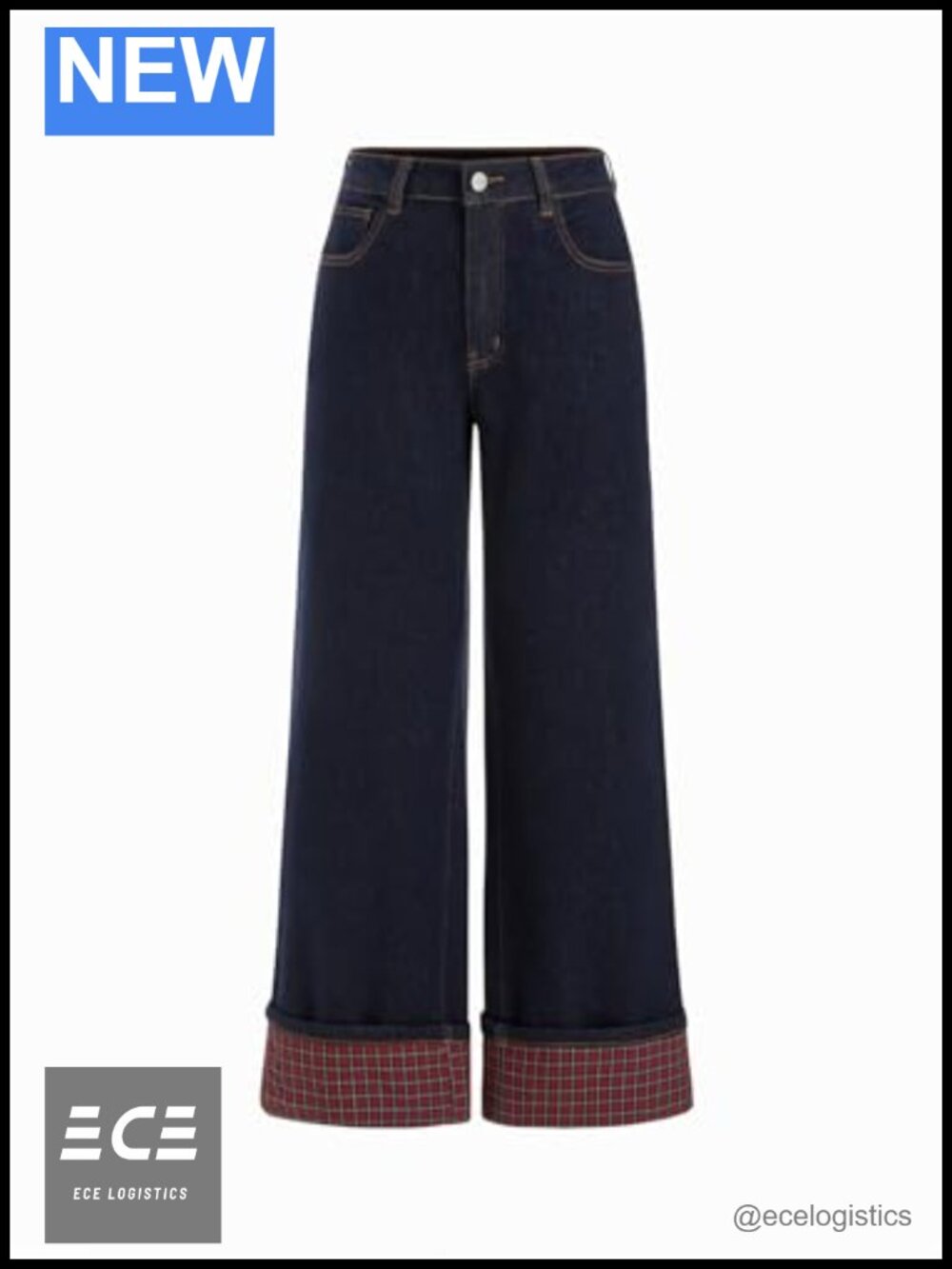 Wide Leg Stretchy Jeans Plaid Cuffed Folded Hem Straight Denim